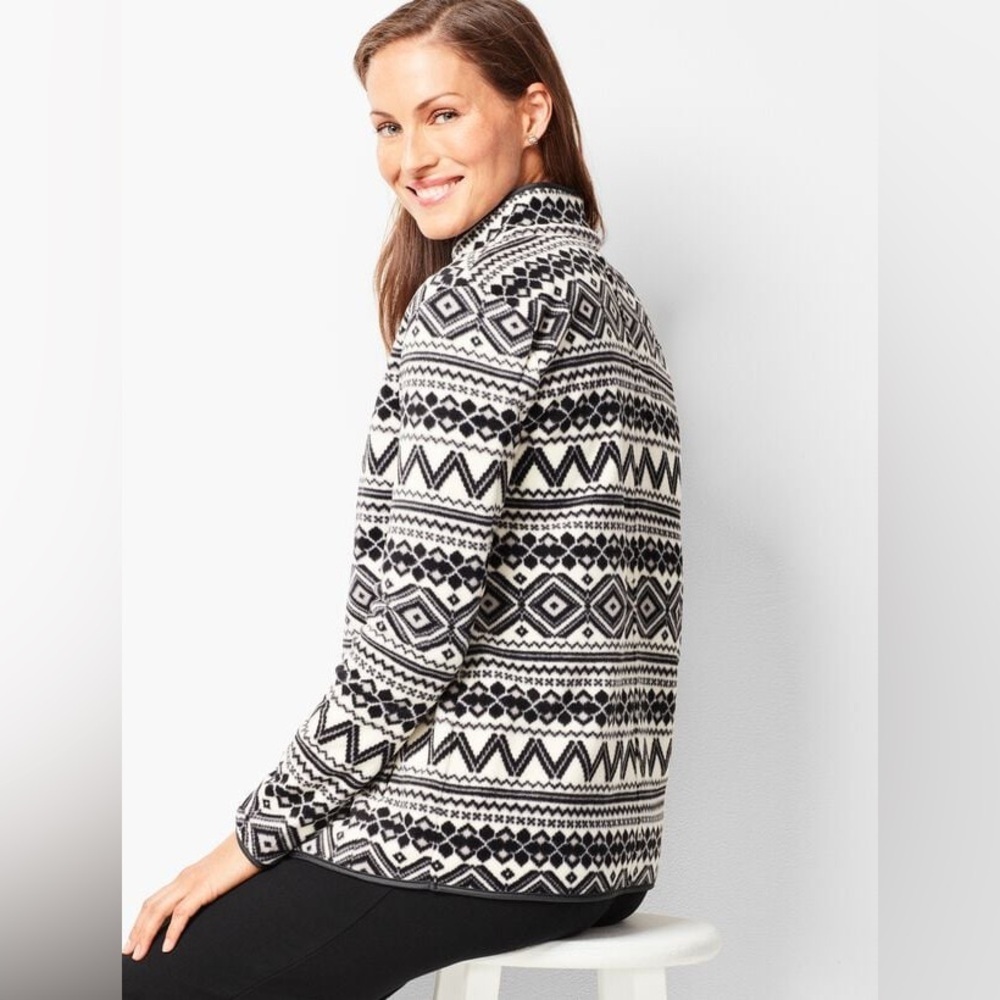 Talbots Womens 2X Black White Fair Isle Fleece Zip Jacket Geometric Nordic New - Picture 13 of 13